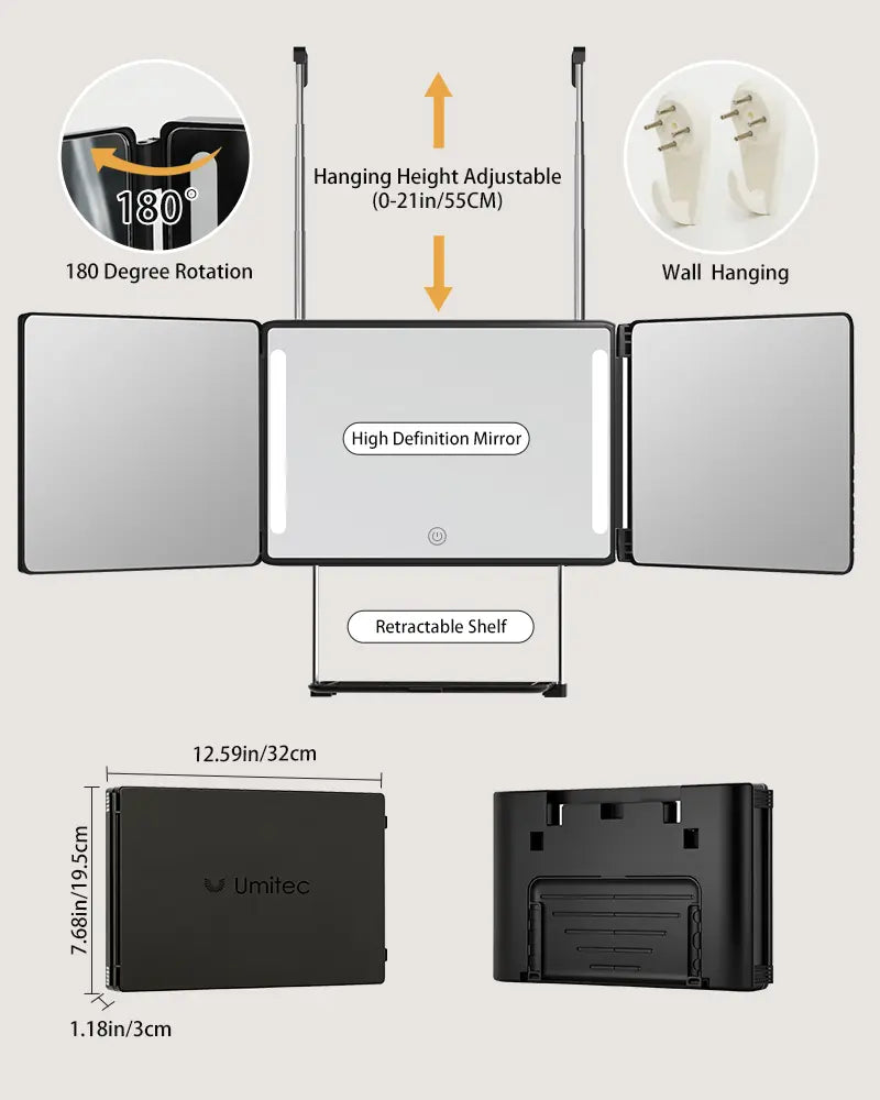 Umitec Adjustable LED 3-Way Trifold Mirror