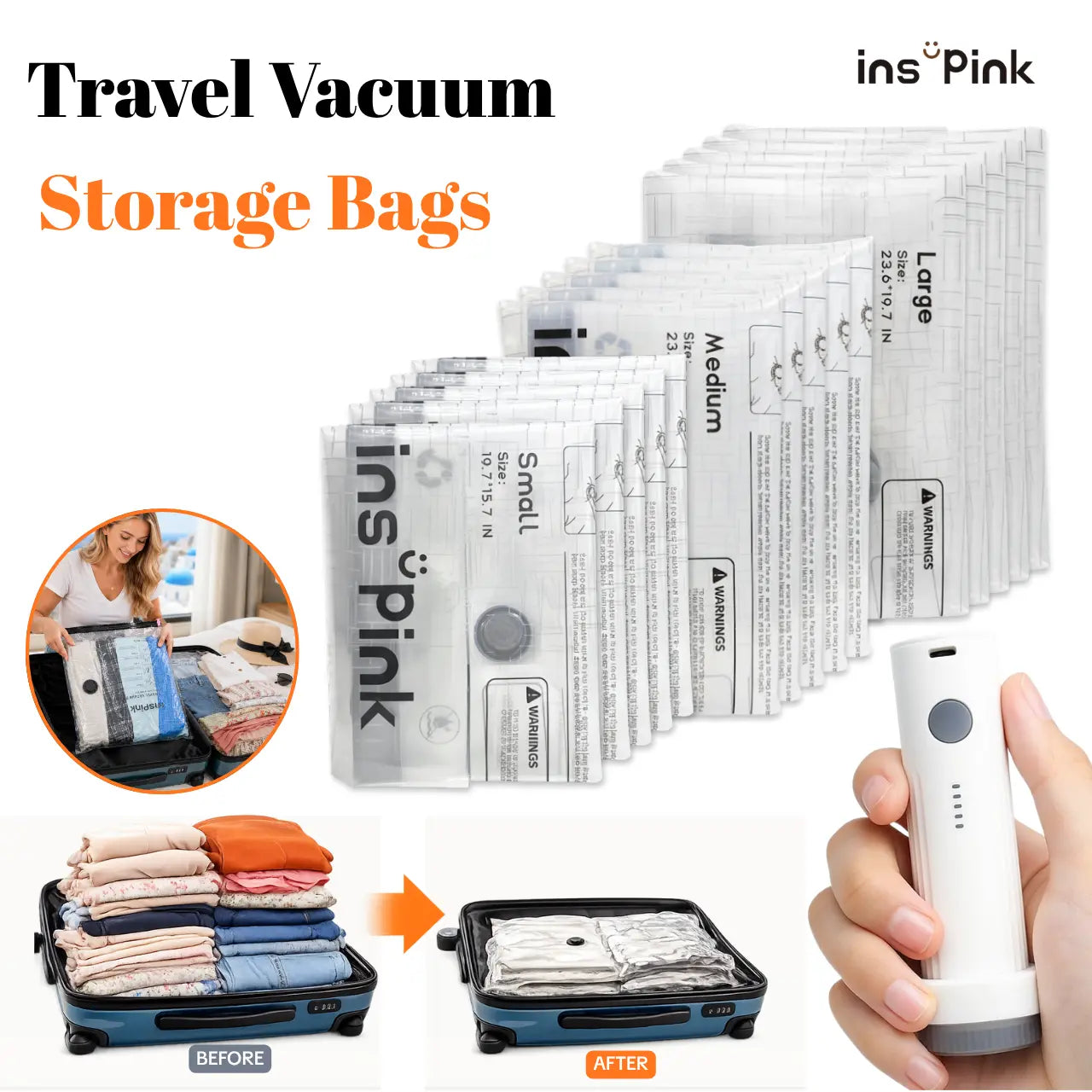 Inspink Travel Vacuum Seal Storage Bags with USB Pump